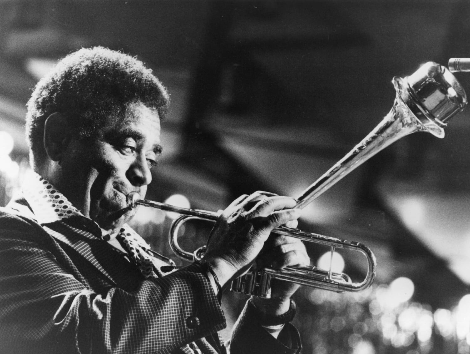 circa 1956: Dizzy Gillespie (1917 - 1993) the professional name of John Birks, the jazz trumpeter, composer and bandleader as he performs at the International Jazz Festival at Montreux. (Photo by Keystone/Getty Images)